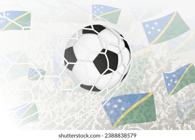 National Football team of Solomon Islands scored goal. Ball in goal net, while football supporters are waving the Solomon Islands flag in the background. Vector illustration.