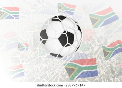 National Football team of South Africa scored goal. Ball in goal net, while football supporters are waving the South Africa flag in the background. Vector illustration.