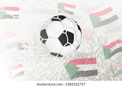 National Football team of Sudan scored goal. Ball in goal net, while football supporters are waving the Sudan flag in the background. Vector illustration.