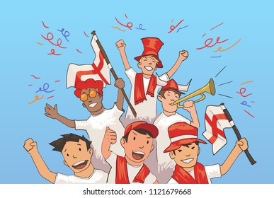 National football team supporters cheering for the players. Football fans with England national attributes. Colored flat vector illustration. Horizontal on blue background.