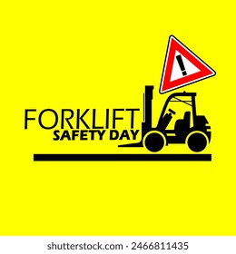 In: National Forklift Safety Day Event Banner. Abbildung eines Gabelstaplers und Vorsichtsschild auf gelbem Hintergrund zur Erinnerung an den 11. Juni