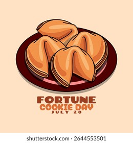National Fortune Cookie Day to celebrate on July 20th. Fortune cookies are served on maroon plates on beige background. Food event banner.
