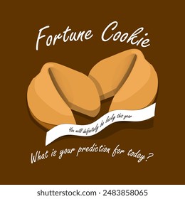 National Fortune Cookie Day event food banner. Fortune cookies with a piece of paper containing fortune telling on dark brown background to celebrate on July 20th