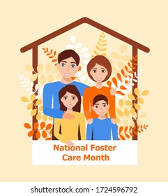 National foster care month is celebrated in USA in May. Family with foster children on botanic, leave background. Happy family concept vector.