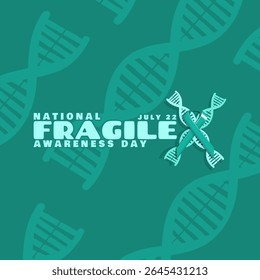 Dia Nacional da Consciência do X Frágil a celebrar em 22 de julho. Ilustração de DNA em fundo turquesa. A síndrome do X frágil é uma causa comum de autismo e deficiência intelectual hereditária.