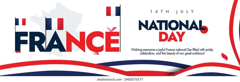 National France day. 14th July France day celebration cover banner with its flags, map and abstract art in its flag colours. French day conceptual banner template. 