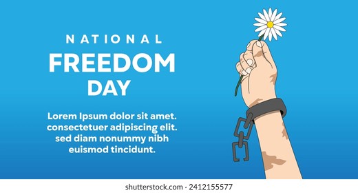 National Freedom Day card: Hands in Chains Holding Flowers. Poster, banner, social media post, card and more.