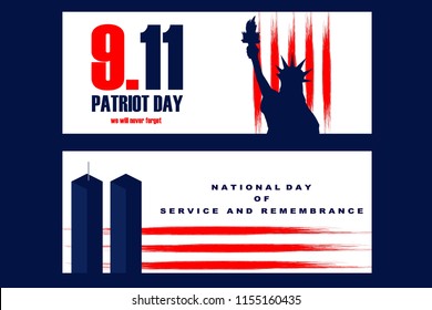 National Freedom Day Illustration with the Statue of Libertyll and the World Trade Center Towers. Poster or banners template - September 11. USA flag lines as background.