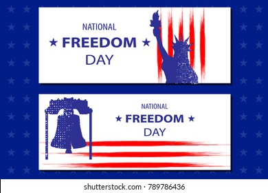 National Freedom Day Illustration with the Statue of Libertyll and the Liberty bell. Poster or banners template - February 1st. USA flag lines as background.