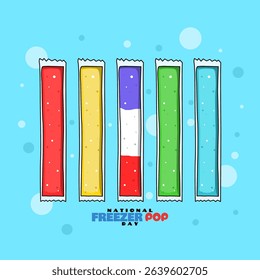 National Freezer Pop Day to celebrate on July 8th. Colorful ice pop with various flavors packed in plastic tube on sky blue background.