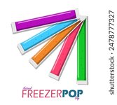 National Freezer Pop Day event food banner. Several different flavored frozen ice pops on a white background to celebrate on July 8th