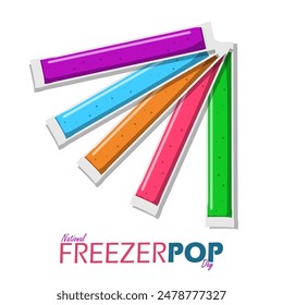 National Freezer Pop Day event food banner. Several different flavored frozen ice pops on a white background to celebrate on July 8th