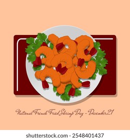 National French Fried Shrimp Day to celebrate on December 21st. A plate of fried shrimp with vegetables on white plate. Food event banner.