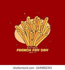 National French Fry Day to celebrate on July 11th. Illustration of abundant French fries on maroon background. Food event banner.