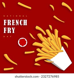 National French Fry Day on july 13 with maroon background, Frech fry and shadows vector. Is a great opportunity to take the time to sample some golden-brown potato slices.