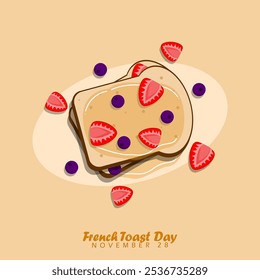 National French Toast Day is celebrated on November 28. Toasted breads with honey, blueberries and sliced ​​strawberries on a beige background. Food event banner.