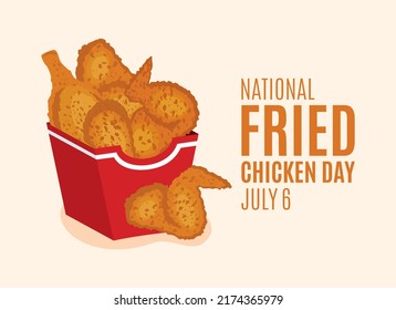 Vector del Día Nacional del Pollo Frito. Cubo de piezas de pollo frito ilustración vectorial. Pollo frito crujiente en un dibujo de una caja. Cada año, el 6 de julio. Día importante