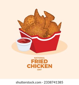National Fried Chicken Day vector illustration. Crispy fried chicken in red paper box drawing. Chicken wings with dipping sauce icon vector. July 6 every year. Important day