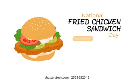 National Fried Chicken Sandwich Day design de banner de vetor. Feliz Dia Nacional do Sanduíche de Frango Frito