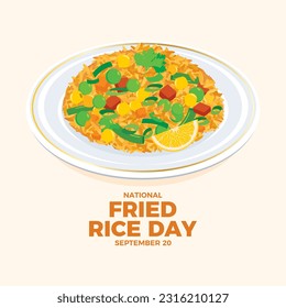 National Fried Rice Day vector illustration. Fried rice with vegetables on a plate icon vector. Healthy vegan rice drawing. September 20 every year. Important day