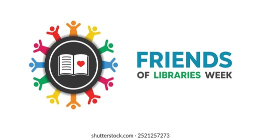 National Friends of Libraries Week. People, book and heart. Great for cards, banners, posters, social media and more. White background.
