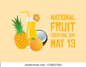 Vector del Día Nacional del Cóctel de Fruta. Mezclar el vector de iconos suaves. Vector de jugo de frutas tropical y saludable. Vidrio con vectores de jugo de naranja y piña. Afiche del Día del Cóctel de Fruta, 13 de mayo. Día importante