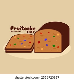 National Fruitcake Day to celebrate on December 27th. Bread stuffed with pieces of fruit on beige background. Food event banner.