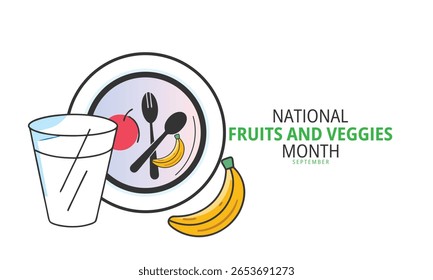 Mês Nacional das Frutas e Vegetais. fundo, faixa, cartão, cartaz, modelo. Ilustração vetorial.