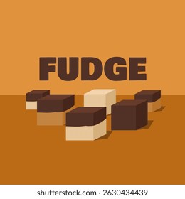 National Fudge Day to celebrate on June 16th. Solid candy-like treats made from a mixture of sugar, butter and milk with bold text on a brown background. Food event banner.