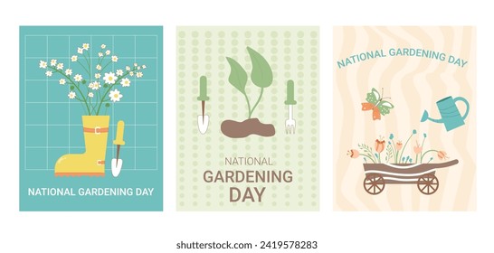 National gardening day background banners set. flowers, rubber boot, plant, watering can with text card poster. Templates for holiday design. Vector illustration.