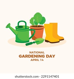 National Gardening Day vector illustration. Garden watering can, shovel, flowerpot with plant, rubber boots icons vector. Garden tools icon set vector. April 14. Important day