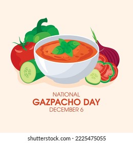 National Gazpacho Day vector. Vegetable soup in bowl icon vector. Soup with tomatoes, peppers and cucumbers vector. December 6. Important day