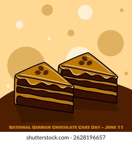 National German Chocolate Cake Day to celebrate on June 11th. Two slices of chocolate cake topped with pecans on a dark brown table. Food event banner.