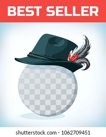 National german hat. Cap with white feather sticks out. Masquerade costume headdress. Carnival or Halloween mask. Cartoon Vector illustration.