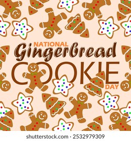 National Gingerbread Cookie Day to celebrate on November 21st. Various shapes of ginger cookies on beige background. Food event banner.