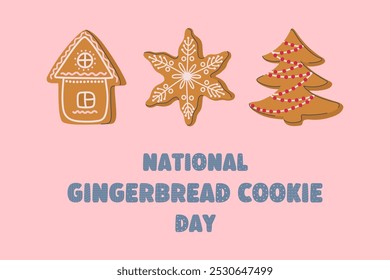 National Gingerbread Cookie Day, November 21st. Greeting card or poster with gingerbread cookies. Cute glazed snowflake, house and Christmas tree shape pastry. Flat design vector illustration.
