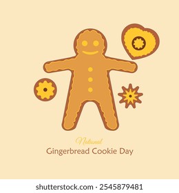 National Gingerbread Cookie Day poster vector, illustration. Gingerbread man, heart, star and round shaped cookies. Christmas decorated gingerbread cookies icon set vector. November 21.