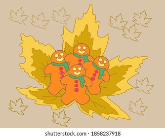 National Gingerbread cookie day vector illustration isolated on maple leaf plate. 