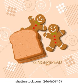 National Gingerbread Day event banner. Several pieces of gingerbread stacked with two ginger cookies on light brown background to celebrate on June 5th