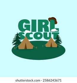 National Girl Scout Day to celebrate on March 12th. Illustration of a camping site with tents and trees and bold text with a scout hat on a sky blue background.