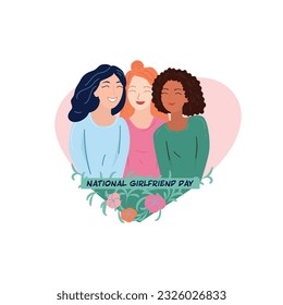 National Girlfriend Day. Flat illustration - cheerful girls of different nationalities on a white background