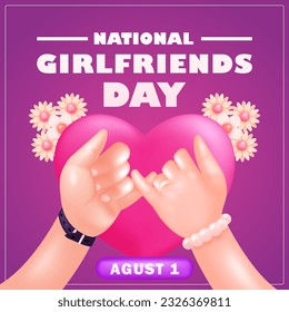National Girlfriends Day, 3d vector illustration of a couple's hands holding each other's pinky on a pink background. Love concept, suitable for events