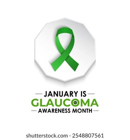 National Glaucoma Awareness Month. Human eye with green awareness realistic Ribbon. Nutritional eye health . Banner poster, flyer and background design template. Vector illustration. Eps 10.