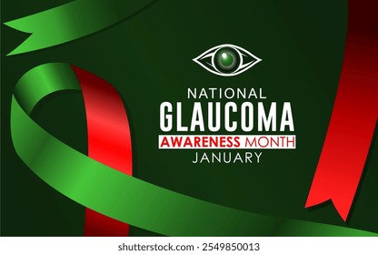 National Glaucoma Awareness Month vector template. January is National Glaucoma Awareness Month vector. Human eye with wavy green and red awareness ribbon vector. banner, card, social media posts