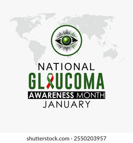 Modelo vetorial do Mês Nacional de Conscientização do Glaucoma. Janeiro é o vetor do Mês Nacional de Conscientização sobre o Glaucoma. Com símbolo de olho humano e mapa de mundo vetorial. Plano de fundo, banner, cartão, design de pôster.