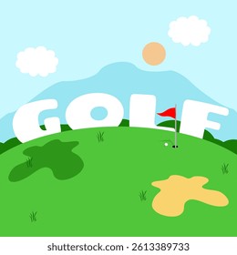 National Golf Day to celebrate on May 10th. Illustration of a golf course with a mountain background. Sport event banner.