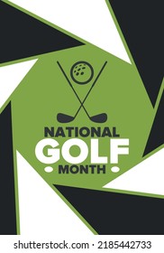 National Golf Month in United States. Celebrated annually in August. Month when golfers share their experiences. Golf club. Play games, training. Poster, greeting card, banner and background. Vector
