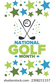 National Golf Month in United States. Celebrated annually in August. Month when golfers share their experiences. Golf club. Play games, training. Poster, greeting card, banner and background. Vector