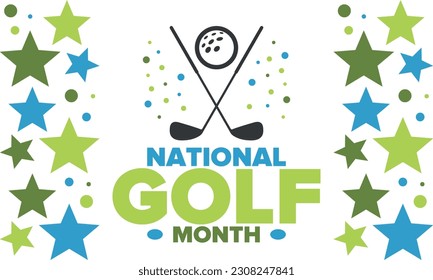 National Golf Month in United States. Celebrated annually in August. Month when golfers share their experiences. Golf club. Play games, training. Poster, greeting card, banner and background. Vector