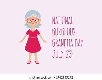 National Gorgeous Oma Day Vektorgrafik. Stilvolle ältere Frauen-Ikone. Fröhliche und lächelnde ältere Frau Vektorgrafik. Fröhliche alte Frauensymbol. Moderne ältere Frau in rosafarbenem Kleid und Brillenvektor. Wichtiger Tag